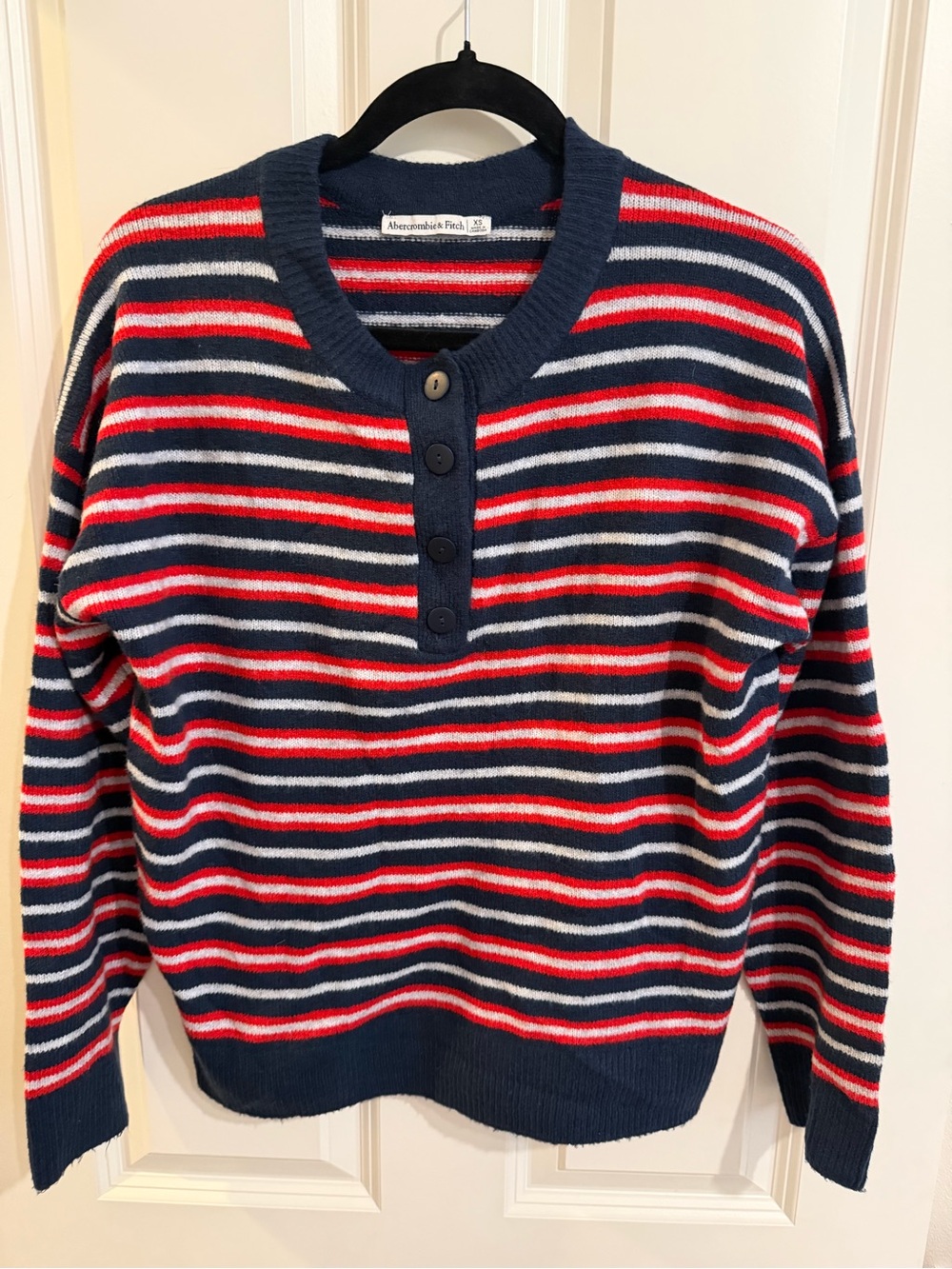 Abercombie & Fitch navy red white, striped Henley sweater, academia, preppy xs